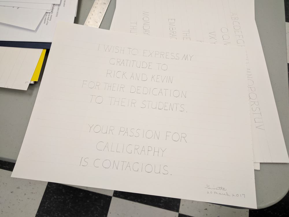 Student Ginette's homework bestowing generous praise on the course instructors