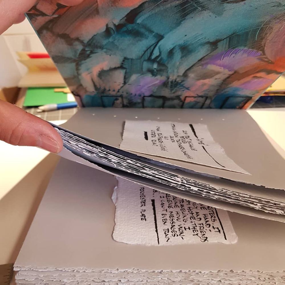 Madeleine RousseauBook binding project that includes some printmaking, calligraphy (sumi ink and folded pen), paste paper making and a book binding technique called secret Belgian binding.