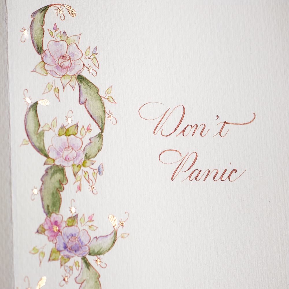 Rebecca Bruyere - Don't Panic - Piece is done with watercolour and walnut ink along with some flat gilding