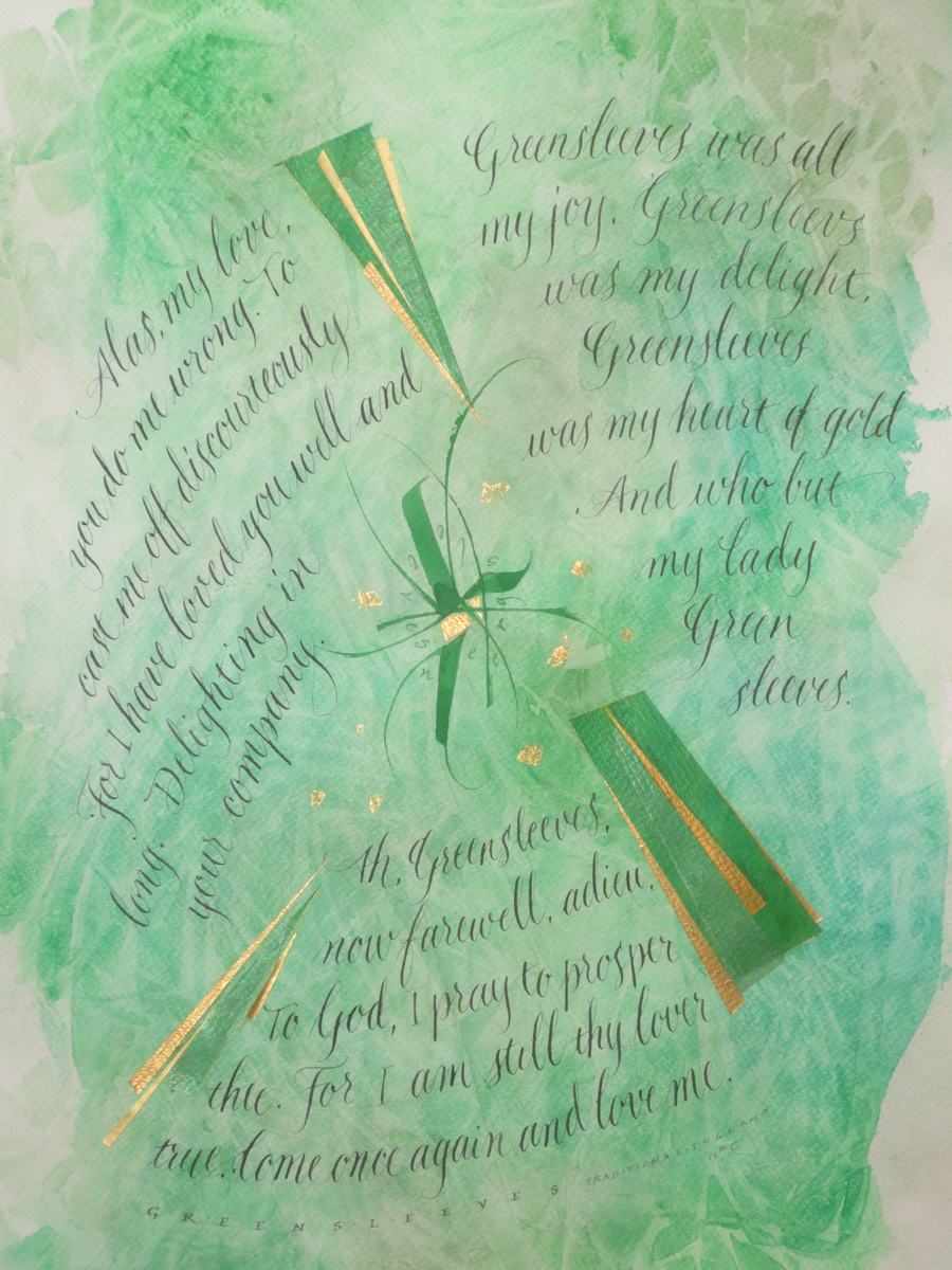 Rick Draffin-- Greensleeves -- ink on acrylic medium background, modern relaxed script